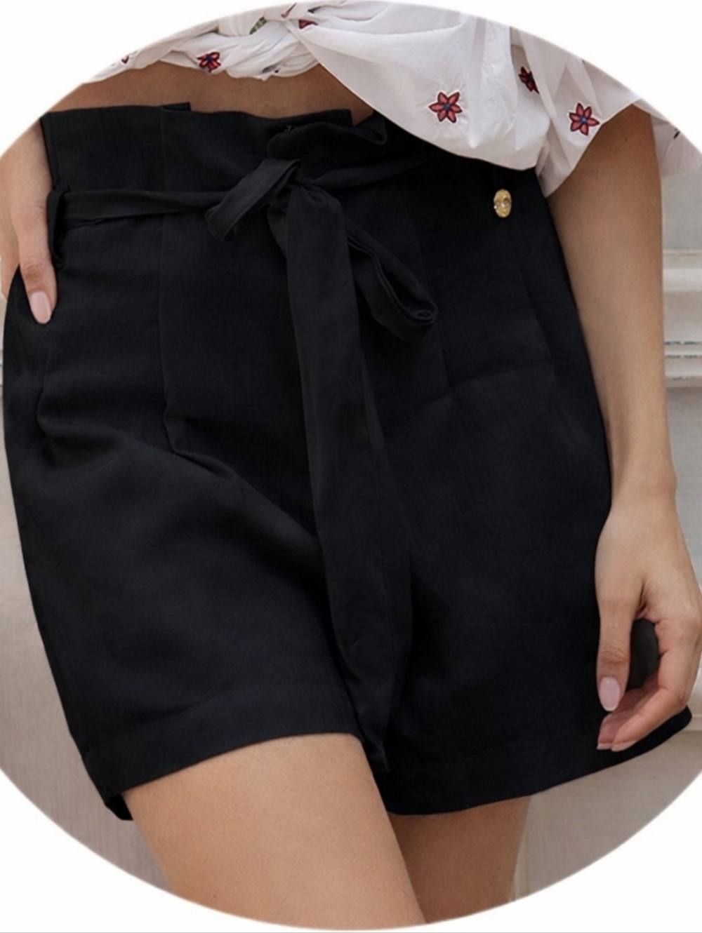 OndadeMar Linen High-Waist Paperbag Shorts with Tie - Black S